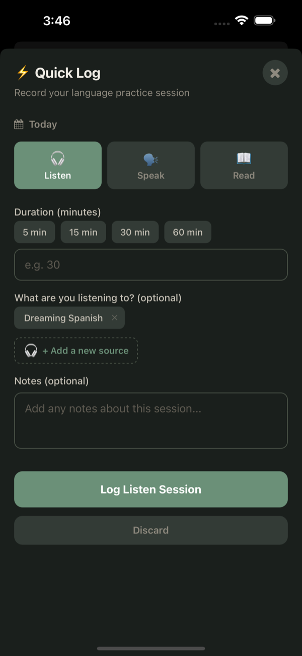 Quick log form for fast session entry